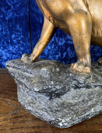 D'après Cartier : Statue «Lion Rugissant» Plâtre Patiné Bronze époque circa 1900