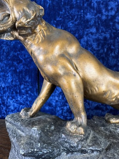 D'après Cartier : Statue «Lion Rugissant» Plâtre Patiné Bronze époque circa 1900