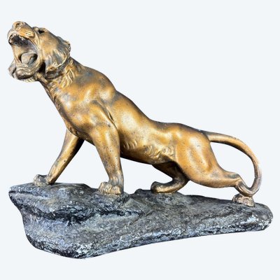 D'après Cartier : Statue «Lion Rugissant» Plâtre Patiné Bronze époque circa 1900