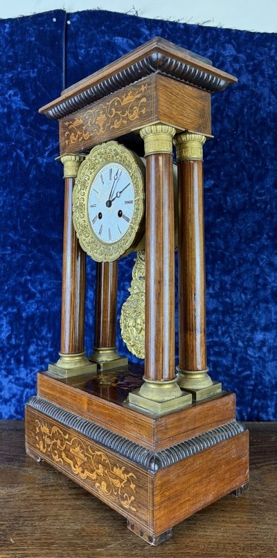 Napoleon III period portico clock in marquetry and gilded bronzes