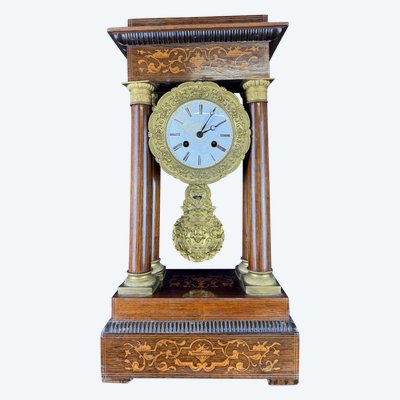 Napoleon III period portico clock in marquetry and gilded bronzes
