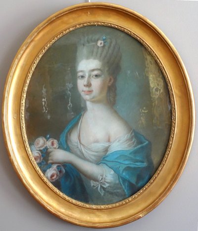 Scuola francese del XVIII secolo, ritratto di signora aristocratica in Flora, pastello, periodo Luigi XV