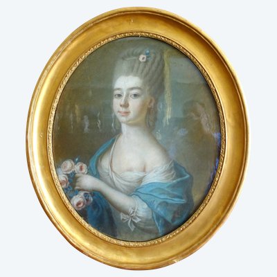Scuola francese del XVIII secolo, ritratto di signora aristocratica in Flora, pastello, periodo Luigi XV