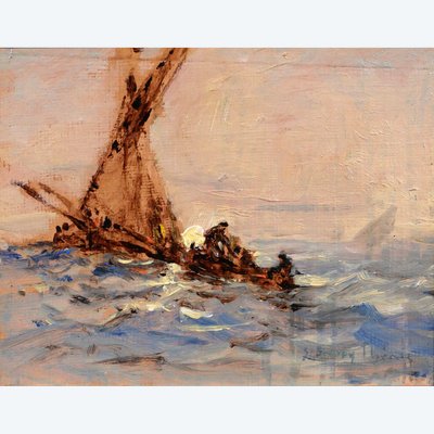 Sauveur BERNAY-THIERIC 1874-1963 Boot auf dem Meer, Lichteffekt, Gemälde, um 1900 Impressionismus