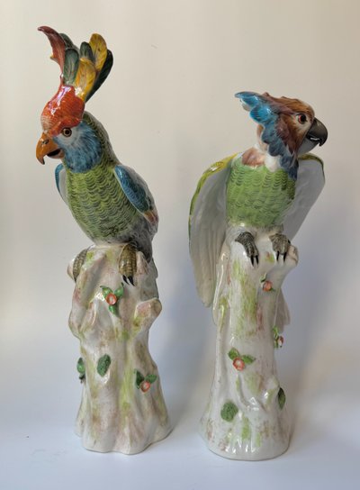 Pair of perched parrots in Paris porcelain (Bourdois & Bloch) H36