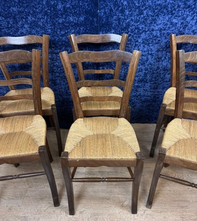 Set of 6 rustic beech chairs with straw seats, late 19th century