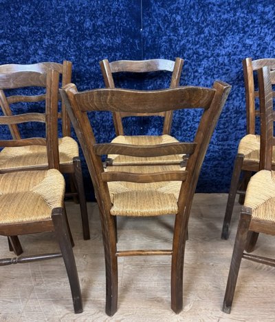 Set of 6 rustic beech chairs with straw seats, late 19th century