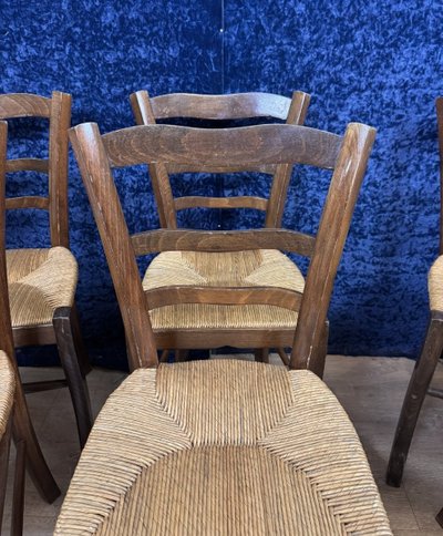 Set of 6 rustic beech chairs with straw seats, late 19th century