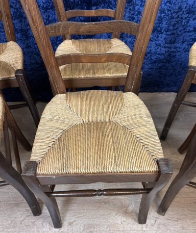 Set of 6 rustic beech chairs with straw seats, late 19th century