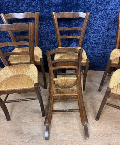 Set of 6 rustic beech chairs with straw seats, late 19th century
