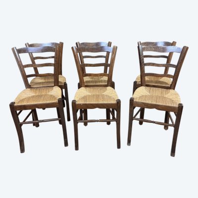 Set of 6 rustic beech chairs with straw seats, late 19th century