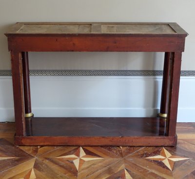 Grande consolle di epoca Impero in mogano, bronzo dorato e marmo blu Turchino - 129 cm