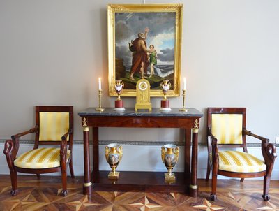 Grande consolle di epoca Impero in mogano, bronzo dorato e marmo blu Turchino - 129 cm