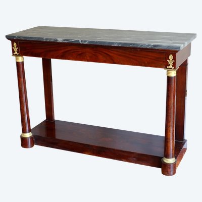 Grande consolle di epoca Impero in mogano, bronzo dorato e marmo blu Turchino - 129 cm