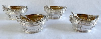 Puiforcat: suite of 4 solid silver salt cellars, Louis XVI style, ram heads