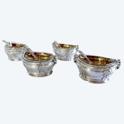 Puiforcat: suite of 4 solid silver salt cellars, Louis XVI style, ram heads