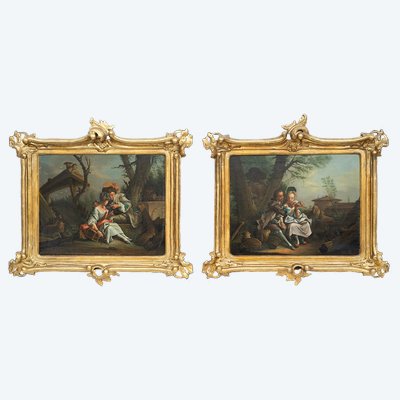 Paire de petit tableau anciennes huile sur toile France fin XVIIIe siècle.