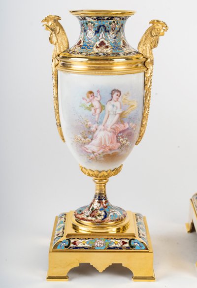 A gilt bronze, porcelain and cloisonné enamel set, late 19th century