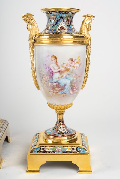 A gilt bronze, porcelain and cloisonné enamel set, late 19th century