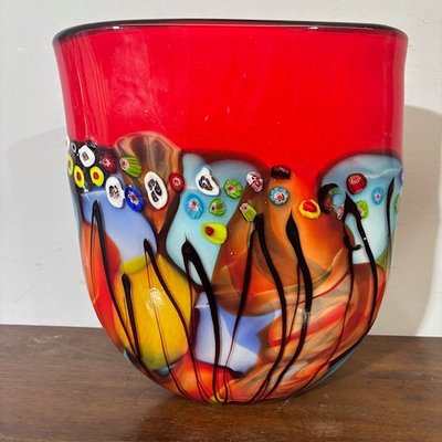 Stunning Murano glass vase incamiciata processing and in Murrine Millefiori . 70's Big