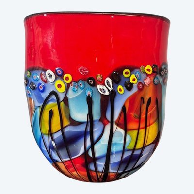 Stunning Murano glass vase incamiciata processing and in Murrine Millefiori . 70's Big