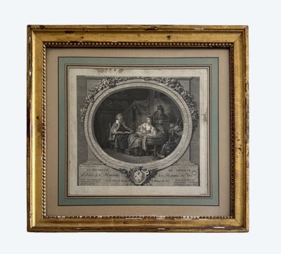 18th century engraving The Happiness of Household Life after de Launay, pearl frame