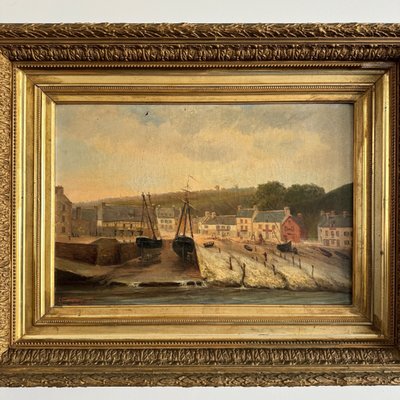 Huile sur toile par F. Lemoine le port de Nantes fin XIXe cadre en stuc