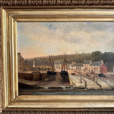 Huile sur toile par F. Lemoine le port de Nantes fin XIXe cadre en stuc