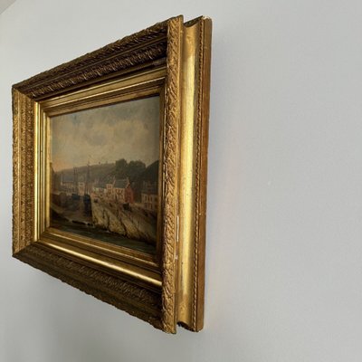 Huile sur toile par F. Lemoine le port de Nantes fin XIXe cadre en stuc