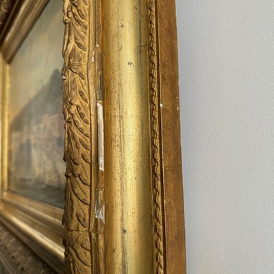 Huile sur toile par F. Lemoine le port de Nantes fin XIXe cadre en stuc