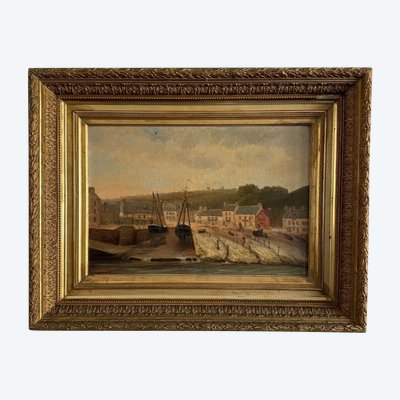 Huile sur toile par F. Lemoine le port de Nantes fin XIXe cadre en stuc