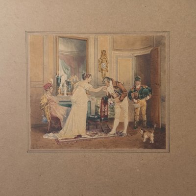 Acquerello su carta, scena d'interno borghese, Eugènes Charles Picou, XIX secolo