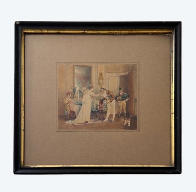 Acquerello su carta, scena d'interno borghese, Eugènes Charles Picou, XIX secolo