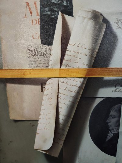 Stillleben mit Flöte und rotem Kardinal, Ölgemälde auf Leinwand von Jean Grimal (1942-1998)