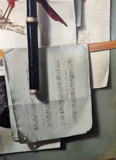 Stillleben mit Flöte und rotem Kardinal, Ölgemälde auf Leinwand von Jean Grimal (1942-1998)