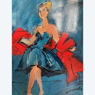 Mario Bonamici (1912-2002), Tableau Femme Au Boa, 2000.