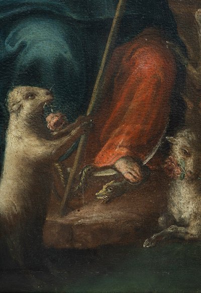 Altes Ölgemälde auf Leinwand mit der Darstellung "Die göttliche Hirtin". Neapel XVII. Jahrhundert