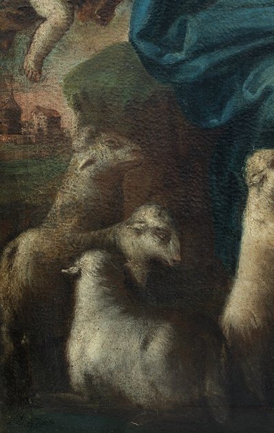 Altes Ölgemälde auf Leinwand mit der Darstellung "Die göttliche Hirtin". Neapel XVII. Jahrhundert