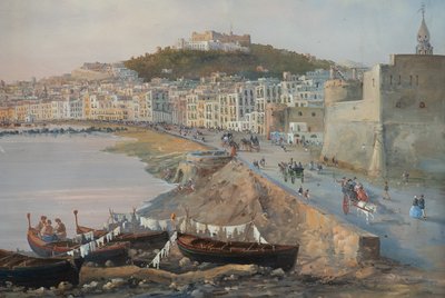 Gouache/Aquarelle ancienne représentant une vue de Naples. Période 19ème siècle.