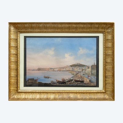 Gouache/Aquarelle ancienne représentant une vue de Naples. Période 19ème siècle.