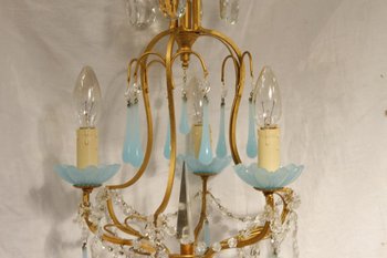 Kronleuchter mit blauen Papillen aus Glas und Opalglas, 20. Jahrhundert
