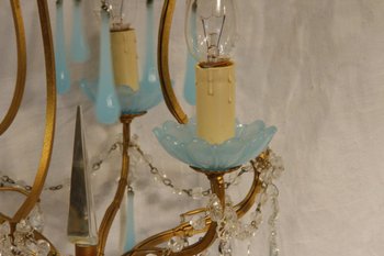 Kronleuchter mit blauen Papillen aus Glas und Opalglas, 20. Jahrhundert