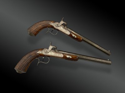 Box containing a PAIR OF PISTOLS signed LASSENCE - RONGE A LIEGE Belgium - XIXth century