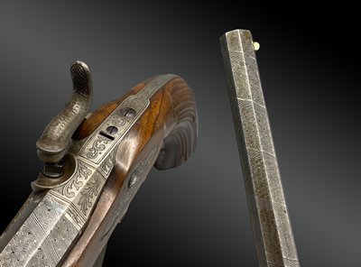Box containing a PAIR OF PISTOLS signed LASSENCE - RONGE A LIEGE Belgium - XIXth century
