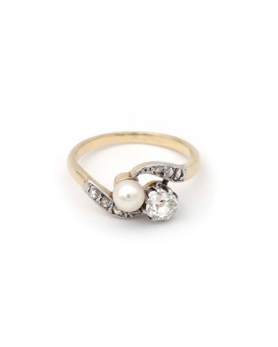 Bague Toi et Moi perles diamant en or 18k et platine, Bague Belle Epoque, Bijou ancien