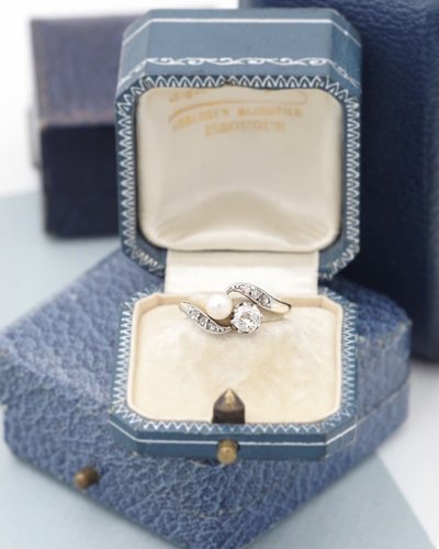 Bague Toi et Moi perles diamant en or 18k et platine, Bague Belle Epoque, Bijou ancien