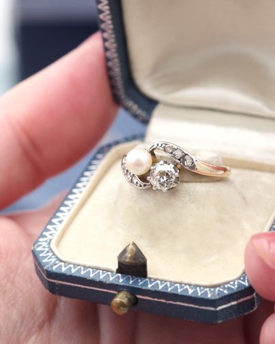 Bague Toi et Moi perles diamant en or 18k et platine, Bague Belle Epoque, Bijou ancien