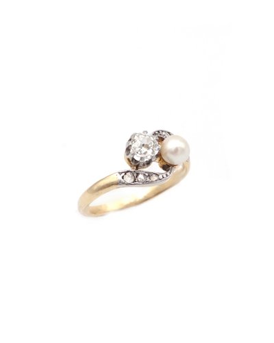 Bague Toi et Moi perles diamant en or 18k et platine, Bague Belle Epoque, Bijou ancien