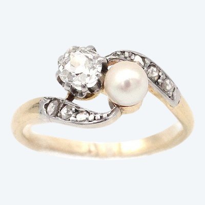 Bague Toi et Moi perles diamant en or 18k et platine, Bague Belle Epoque, Bijou ancien