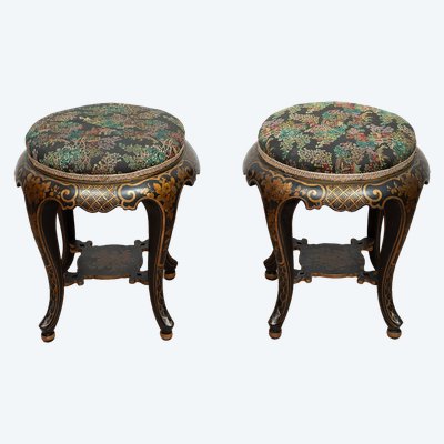 Paire de tabourets anciens Napoléon III en bois noirci. France 19ème siècle.
